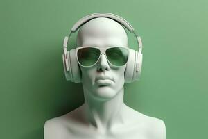 mínimo escena de Gafas de sol y auriculares en humano cabeza escultura, música concepto, 3d representación. ai generativo foto