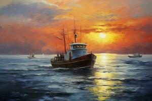 petróleo pintura de un pescador barco a puesta de sol en mar. mar paisaje concepto. ai generativo foto