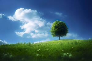 verde campo y árbol en azul cielo. ai generativo foto