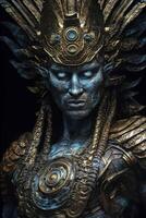 The god nemesis with blue eyes standing in front, dark bronze and light azure, AI Generative photo