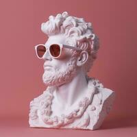 el cabeza de un blanco mitológico estatua con de moda rosado lentes en su ojos, marco en perfil. ai generativo foto