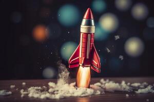 Toy rocket takes off business and finances success concept. AI Generative photo