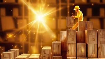 Work safety concept Safety at the workplace and compliance on wooden cube blocks Working standard process Zero accidents Using for safety awareness banner. AI Generative photo