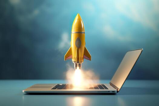 Launching a new product or service. Technology development process. Space rocket launch. 3d render. Yellow rocket lift up from the display laptop. AI Generative photo