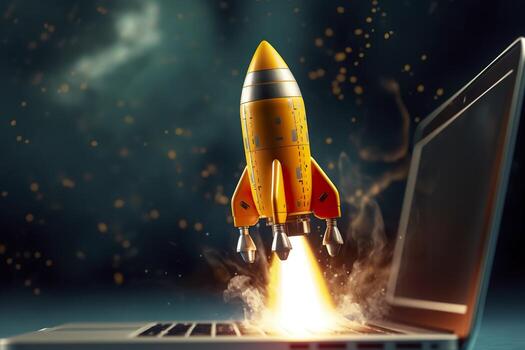 Launching a new product or service. Technology development process. Space rocket launch. 3d render. Yellow rocket lift up from the display laptop. AI Generative photo