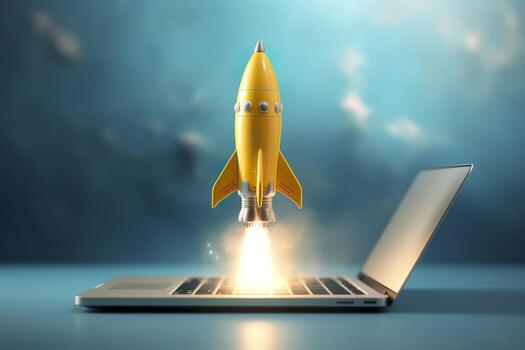 Launching a new product or service. Technology development process. Space rocket launch. 3d render. Yellow rocket lift up from the display laptop. AI Generative photo