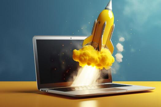 Launching a new product or service. Technology development process. Space rocket launch. 3d render. Yellow rocket lift up from the display laptop. AI Generative photo