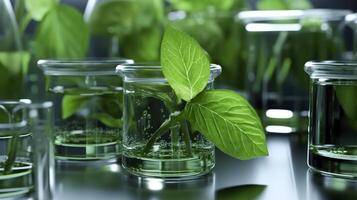 Biotechnology concept with green plant leaves, laboratory glassware, and conducting research, illustrating the powerful combination of nature and science in medical advancements.  AI Generative photo