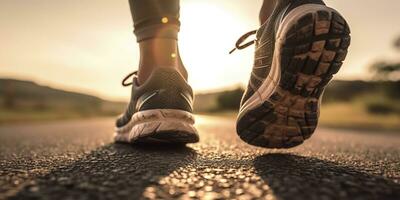 Close up on the shoe, Runner athlete feet running on the road under sunlight in the morning. AI Generative photo