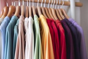 Colorful clothes on a clothing rack, pastel colorful closet in a shopping store or bedroom, rainbow color clothes choice on hangers, home wardrobe concept image. AI Generative photo