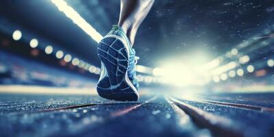 corredor pies corriendo en un estadio, de cerca en pies, Deportes fondo, espacio para Copiar, ai generativo foto