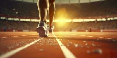 Runner feet running on a stadium, closeup on feet, sports background, space for copy, AI Generative photo
