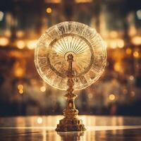 The golden monstrance with a little transparent crystal center, consecrated host. church defocused background. AI Generative photo