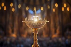 el dorado custodia con un pequeño transparente cristal centro, consagrado anfitrión. Iglesia desenfocado antecedentes. ai generativo foto