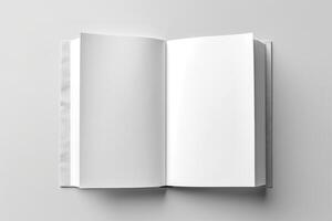 Blank opened book mockup, top view, isolated on white background. Generative AI photo