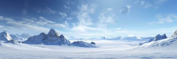 vast desolated snow land, big mountains in the background, snowfall with light blue sky and light blue colors, peaceful atmosphere,  AI Generative photo