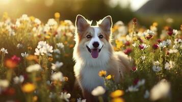 encantador corgi perro con flores en el primavera. generativo ai foto