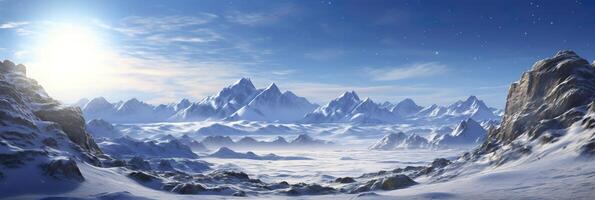 vast desolated snow land, big mountains in the background, snowfall with light blue sky and light blue colors, peaceful atmosphere,  AI Generative photo