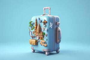 Blue suitcase full of landmarks and travel accessories on blue background. Generative AI photo