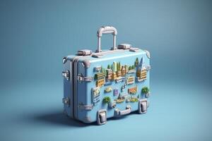 Blue suitcase full of landmarks and travel accessories on blue background. Generative AI photo