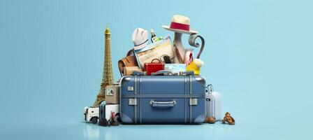 Blue suitcase full of landmarks and travel accessories on blue background. Generative AI photo