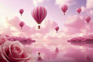 Bright pink ethereal cloudy landscape, hearts, roses, balloons, and wedding concept. Generative AI photo