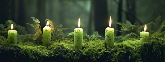 Burning candles on moss, dark green blurred the natural background. Magic candle. Generative AI photo