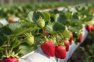 Bush of ripe organic strawberries in the garden. Berry closeup. Generative AI photo