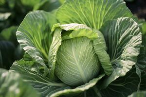 Cabbage growing in an urban garden. Cabbage leaves and head close up. Generative AI photo