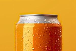 Can of fresh soda with water drops on orange background, closeup. Generative AI photo