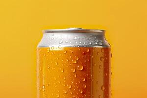 Can of fresh soda with water drops on orange background, closeup. Generative AI photo