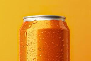 Can of fresh soda with water drops on orange background, closeup. Generative AI photo