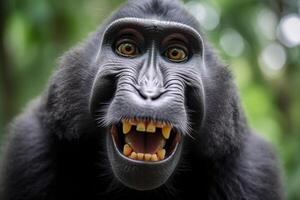 Celebes crested macaque with open mouth. Close up on the green natural background. Generative AI photo