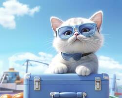 linda gato en azul maleta con Gafas de sol. ai generativo foto