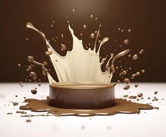Chocolate splash with a podium, mockup background for milk product display, 3d. Generative AI photo