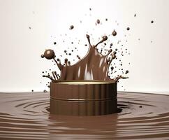 Chocolate splash with a podium, mockup background for milk product display, 3d. Generative AI photo