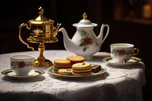 Classical served tea table with biscuits. Generative AI photo