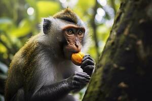 Close up of monkey eating fruit in the jungle. Generative AI photo