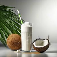 Coconut milk shake glass with fresh sliced coconut. Generative AI photo