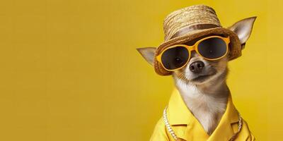 Cool looking Chihuahua dog wearing funky fashion dress. space for text right side. Generative AI photo