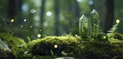 Crystals with moon phases image of moss in a mysterious forest, natural background. Generative AI photo