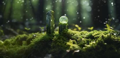 Crystals with moon phases image of moss in a mysterious forest, natural background. Generative AI photo