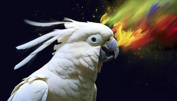Digital photo manipulation of a white parrot. Generative AI