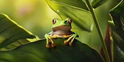 Dumpy Frog On Leaves, Frog, Amphibian, Reptile. Generative AI photo