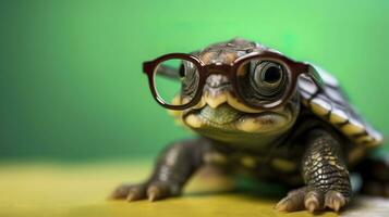 un linda pequeño verde Tortuga con anteojos, generar ai foto