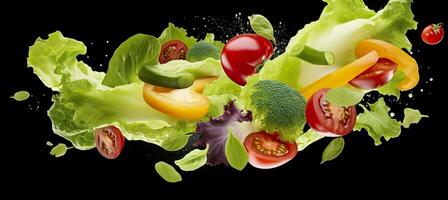 Falling vegetables, salad of bell pepper, tomato, and lettuce leaves. Generative AI photo