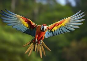 Flying macaw, beautiful bird. Generative AI photo