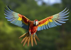 Flying macaw, beautiful bird. Generative AI photo