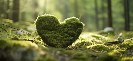 Closeup of wooden heart on moss. Natural burial grave in the woods. Generative AI photo