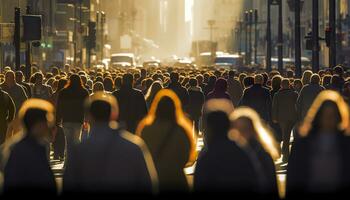 Crowd of people walking busy city street backlit. Generative AI photo